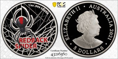 2021 $5 Redback Spider Colorized PR69DCAM