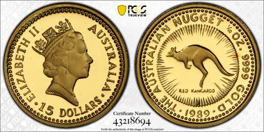 1989-P $15 Red Kangaroo-Nugget 1/10oz Au PR69DCAM