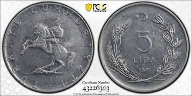 1975 5 Lira Stainless Steel AU55