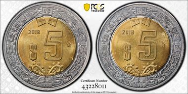 2018-Mo 5 Peso Struck with Two Rev Dies MS66