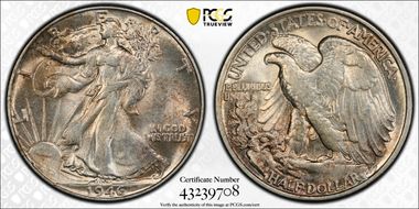 1946 50C Doubled Die Reverse AU58