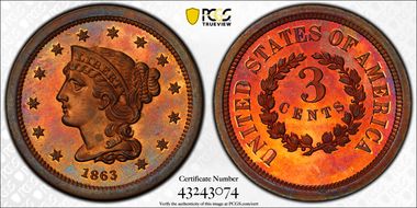 1863 3C J-319 Restrike PR65RD
