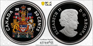 2019 50C Coat of Arms Colorized Silver PR70DCAM