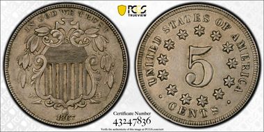 1867 5C No Rays AU50