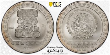 1993-Mo 5 Peso Huehueteotl KM-649 Ag MS69