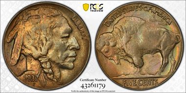 1937-D 5C 3 Legs AU55