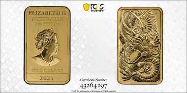 2021-P $100 Dragon Au Bar MS70