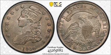 1836 50C O-106a LE, Beaded Reverse AU53