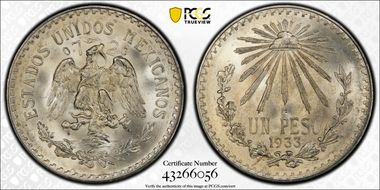 1933-M Peso KM-455  Ag MS67