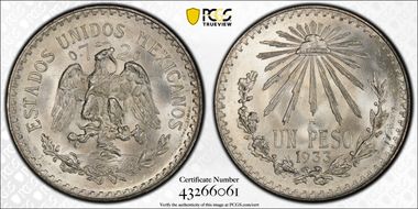 1933-M Peso KM-455  Ag MS67