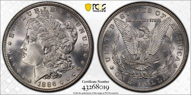 1886 $1 VAM 1C, 3+2 Rev. Clash MS65