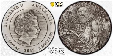 2017-P $2 Koala Antique Finish High Relief MS69