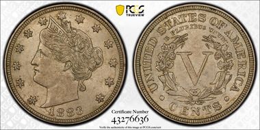 1883 5C With CENTS AU58