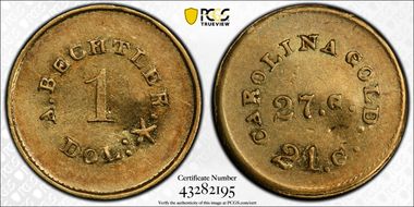 (1842-50) G$1 A. Bechtler 27 Grains, 21 Carat PE N1