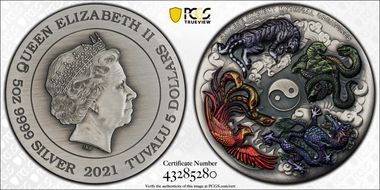2021 $5 Chinese Mythical Creatures 5oz Silver Antique Finish MS69