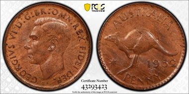 1952 A. (p) 1D Melbourne reverse Wedge serif 2 MS64RB