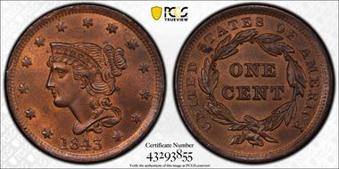 1843 1C N-9 Petite Head Sm Lt MS64RB