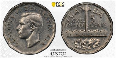 1951 5C Nickel Bicentennial AU55