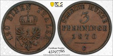 1870-C 3 Pfg AU58BN