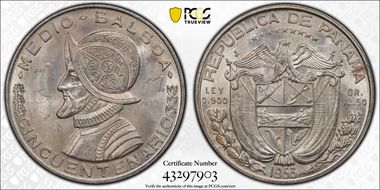 1953 1/2 B 50th Ann. Rep. of Panama KM-20  Ag MS64