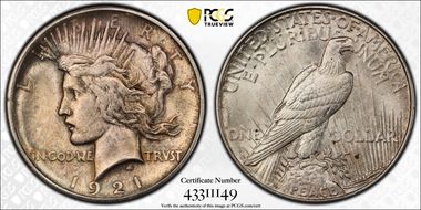 1921 $1 High Relief, Peace MS62