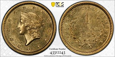 1849 G$1 D-4, Open Wreath, Close Stars AU58