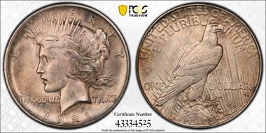 1921 $1 High Relief, Peace MS64