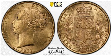 1871-S Sov S-3855 Shield WW Raised MS62