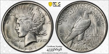 1921 $1 High Relief, Peace MS62