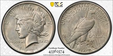 1921 $1 High Relief, Peace AU55