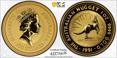 1991 $100 Gray Kangaroo-Nugget Au MS69