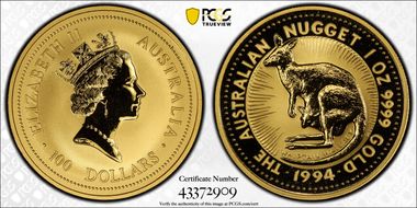 1994 $100 Whiptail Wallaby-Nugget Au MS70