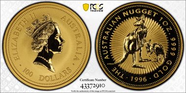 1996 $100 Kangaroo & Joey-Nugget Au MS70