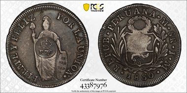 (1832-34) 8 R KM-83 C/M on Peru 8R VF35
