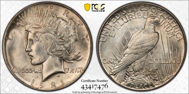1921 $1 High Relief, Peace MS64+