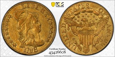 1798 $5 Large 8, 13 Star Reverse AU55+ 