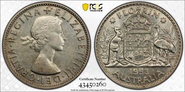 1953(m) Florin Large Reverse Denticles AU58