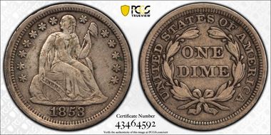 1853 10C No Arrows VF30