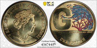2021 $1 G- Great Barrier Reef Colorized Great Aussie Coin Hunt MS67