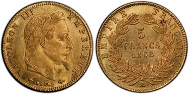 1868-A 5 Fr Gad-1002 F-502 Au MS62