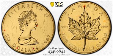 1987 $50 Maple Leaf/Au MS62