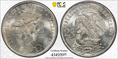 1968-Mo 25 Peso Olympic KM-479.1 Rings Align, Straight Tongue MS67