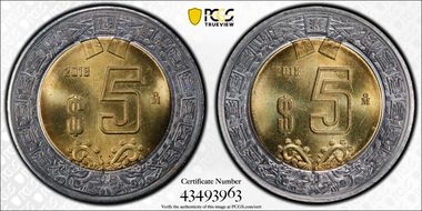 2018-Mo 5 Peso Struck with Two Rev Dies MS66