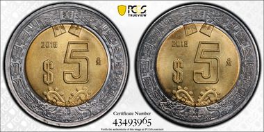 2018-Mo 5 Peso Struck with Two Rev Dies MS66