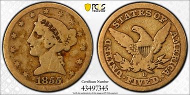 1855-D $5 Medium D G4