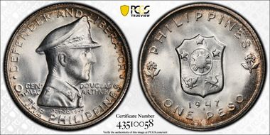 1947-S Peso Douglas MacArthur KM-185  Ag MS66
