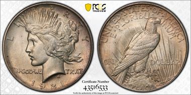 1921 $1 High Relief, Peace MS63