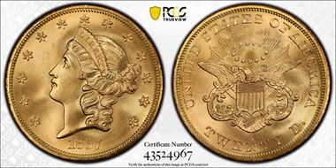 1857-S $20 Spiked Shield MS67+