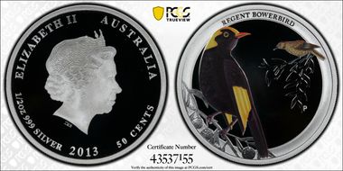 2013-P 50C Regent Bowerbird Colorized Ag PR69DCAM