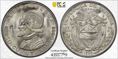 1953 1/2 B 50th Ann. Rep. of Panama KM-20  Ag MS65